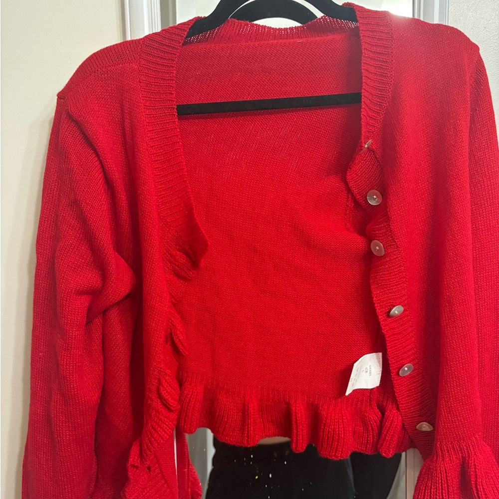 Women’s Red Ruffle-Hem Button Cardigan Sweater